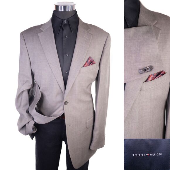 Tommy Hilfiger Sport Coat Blazer Suit Jacket Mens 42L Beige Wool Two Button - Picture 1 of 14